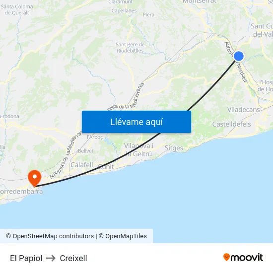 El Papiol to Creixell map