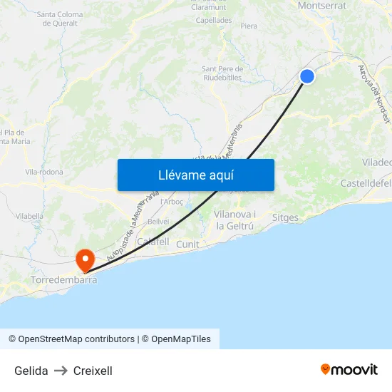 Gelida to Creixell map