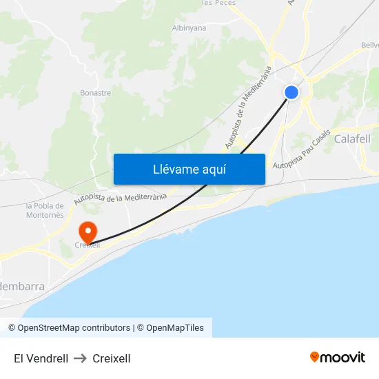 El Vendrell to Creixell map