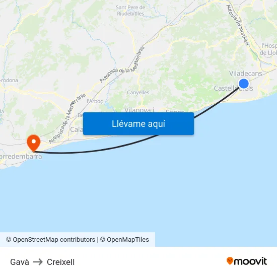 Gavà to Creixell map