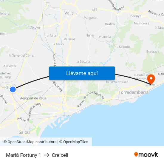 Marià Fortuny 1 to Creixell map