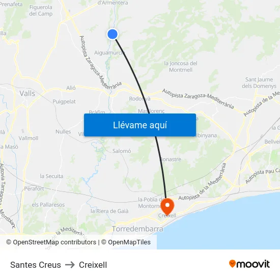Santes Creus to Creixell map