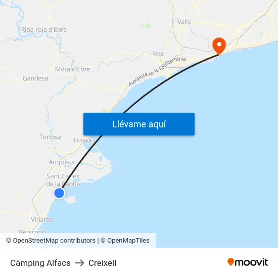 Càmping Alfacs to Creixell map