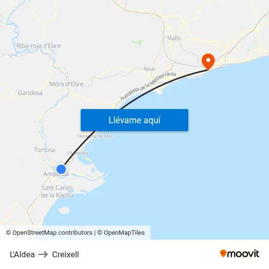 L'Aldea to Creixell map