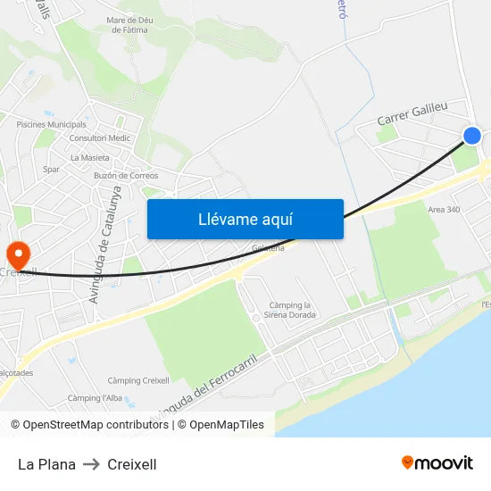 La Plana to Creixell map