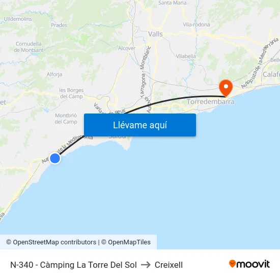 N-340 - Càmping La Torre Del Sol to Creixell map