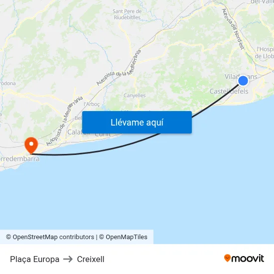 Plaça Europa to Creixell map