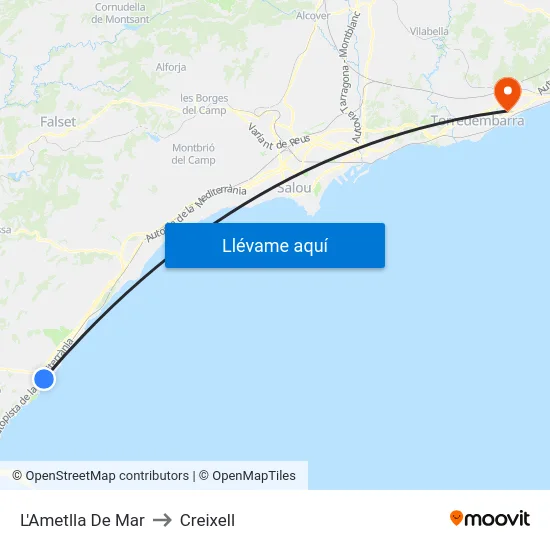 L'Ametlla De Mar to Creixell map
