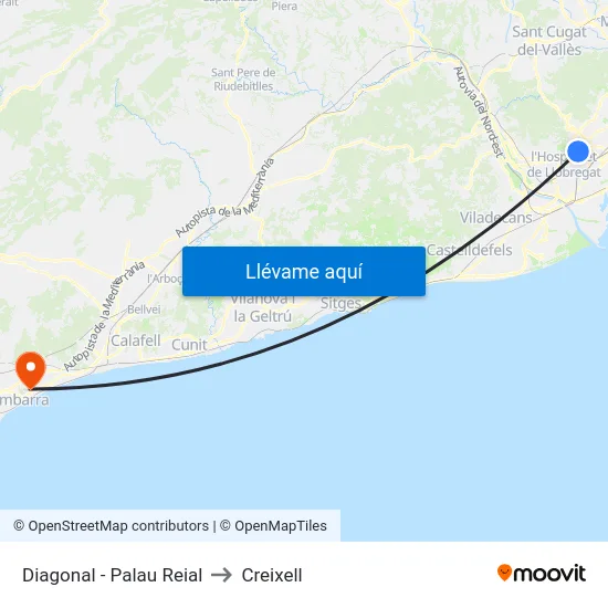Diagonal - Palau Reial to Creixell map