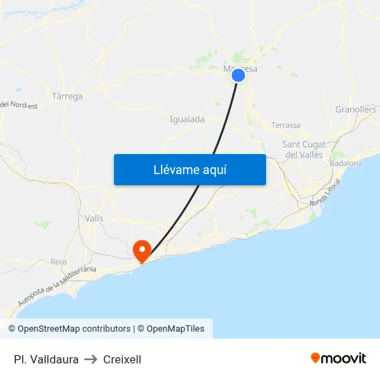 Pl. Valldaura to Creixell map