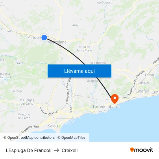 L'Espluga De Francolí to Creixell map