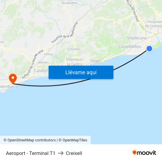 Aeroport - Terminal T1 to Creixell map