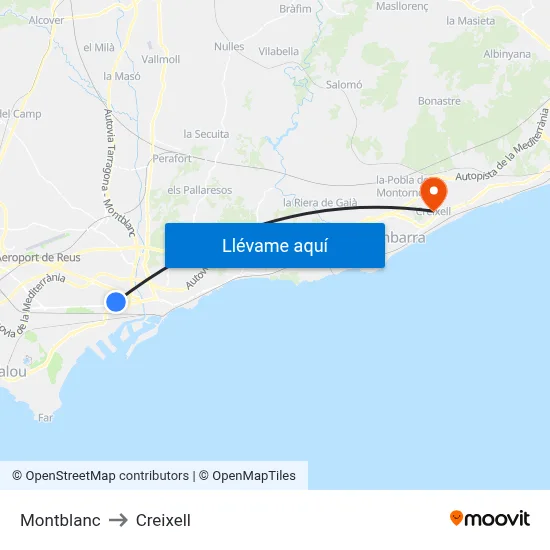 Montblanc to Creixell map