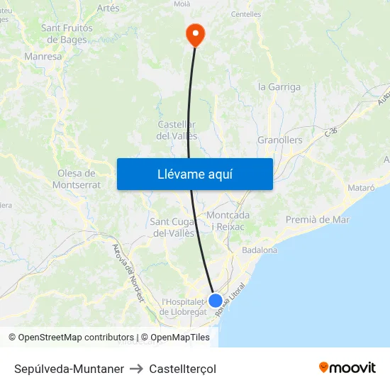 Sepúlveda-Muntaner to Castellterçol map