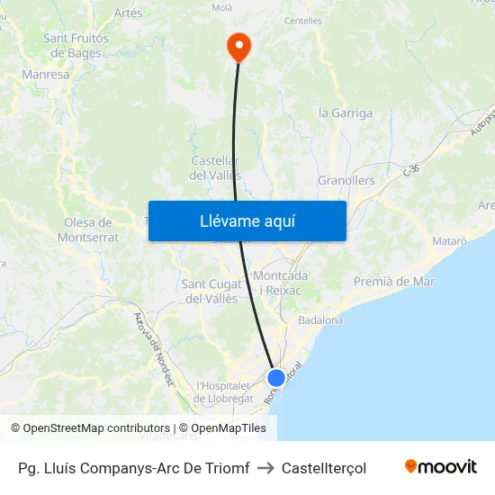 Pg. Lluís Companys-Arc De Triomf to Castellterçol map