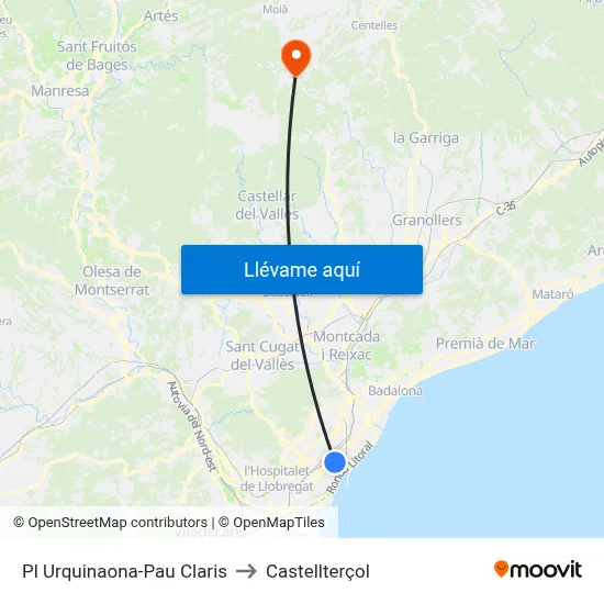 Pl Urquinaona-Pau Claris to Castellterçol map