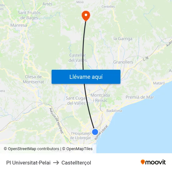 Pl Universitat-Pelai to Castellterçol map