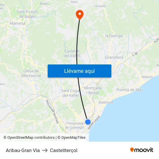 Aribau-Gran Via to Castellterçol map