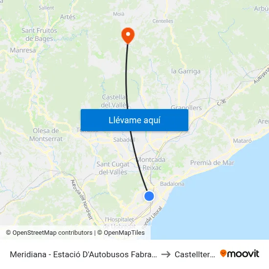 Meridiana - Estació D'Autobusos Fabra I Puig to Castellterçol map