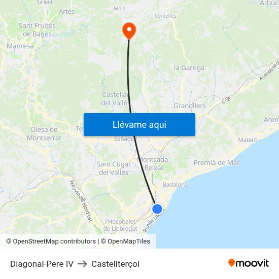 Diagonal-Pere IV to Castellterçol map