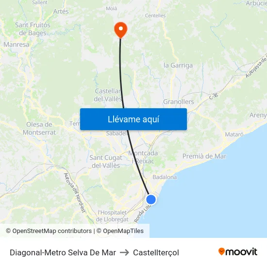 Diagonal-Metro Selva De Mar to Castellterçol map
