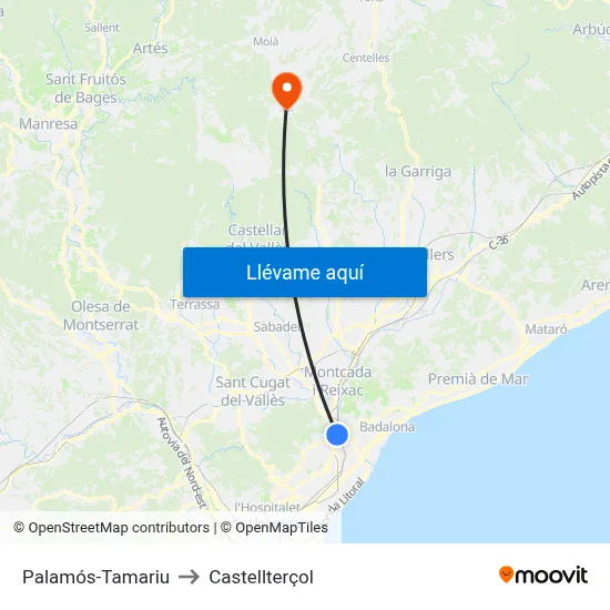 Palamós-Tamariu to Castellterçol map