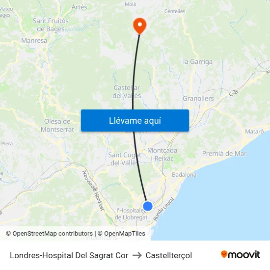 Londres-Hospital Del Sagrat Cor to Castellterçol map