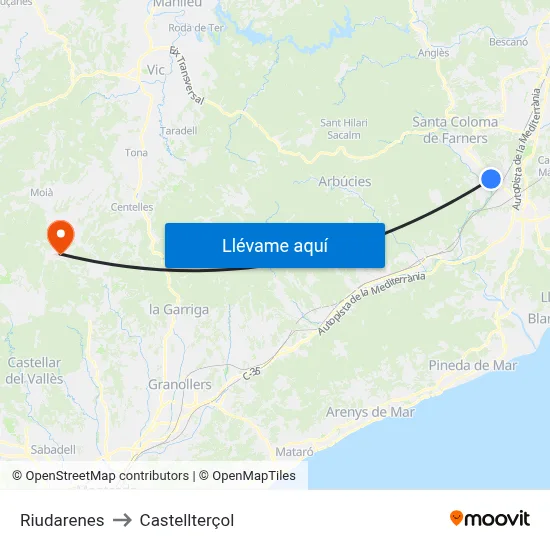 Riudarenes to Castellterçol map