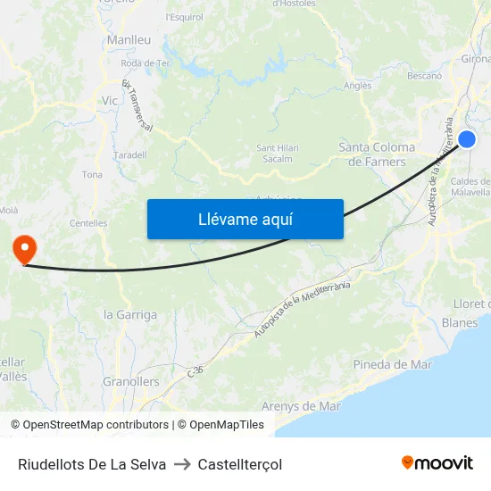 Riudellots De La Selva to Castellterçol map