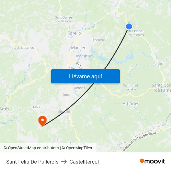 Sant Feliu De Pallerols to Castellterçol map