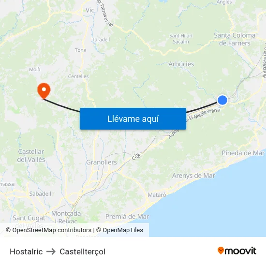 Hostalric to Castellterçol map