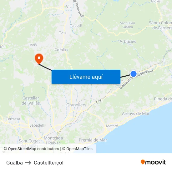 Gualba to Castellterçol map