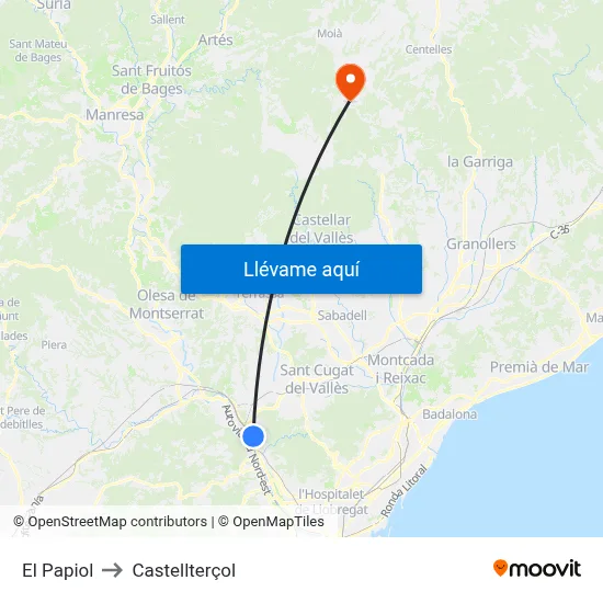 El Papiol to Castellterçol map