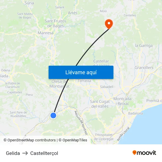 Gelida to Castellterçol map