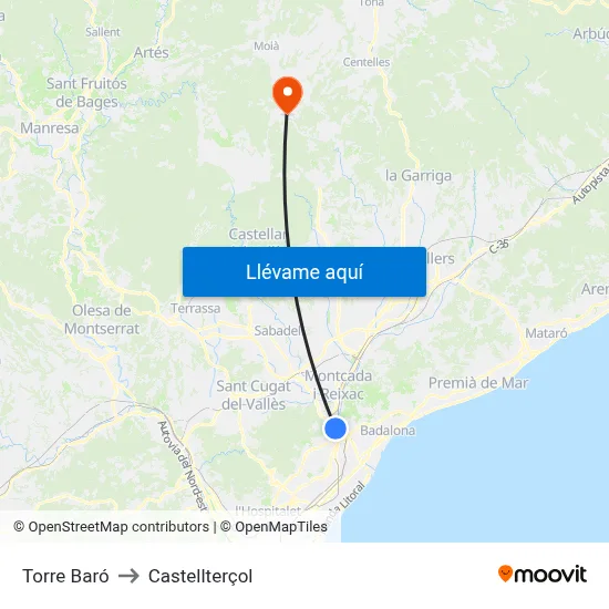 Torre Baró to Castellterçol map