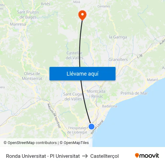 Ronda Universitat - Pl Universitat to Castellterçol map