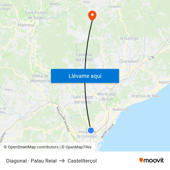 Diagonal - Palau Reial to Castellterçol map