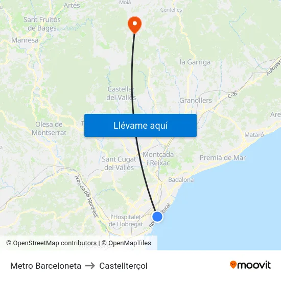 Metro Barceloneta to Castellterçol map