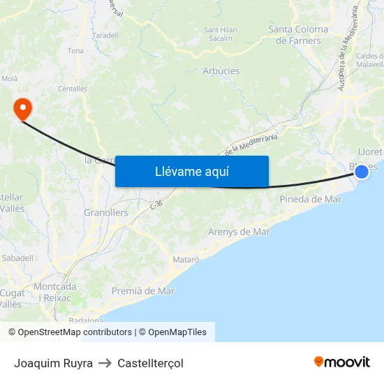Joaquim Ruyra to Castellterçol map