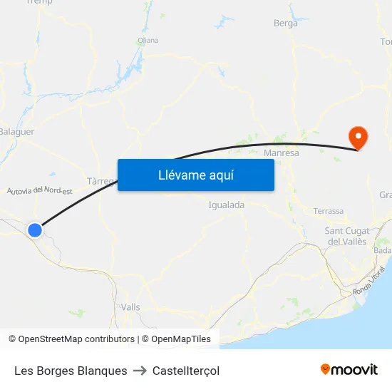 Les Borges Blanques to Castellterçol map