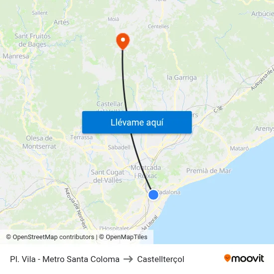 Pl. Vila - Metro Santa Coloma to Castellterçol map