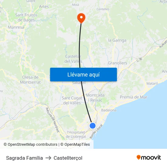 Sagrada Família to Castellterçol map
