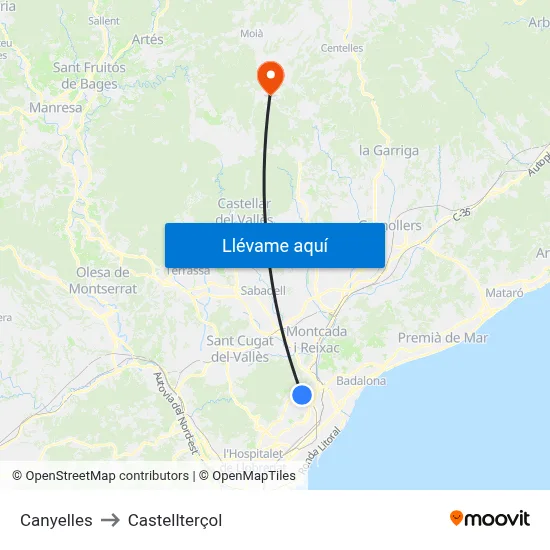 Canyelles to Castellterçol map