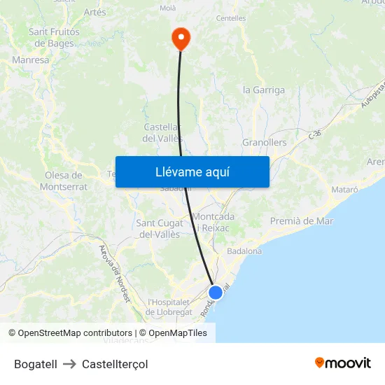 Bogatell to Castellterçol map