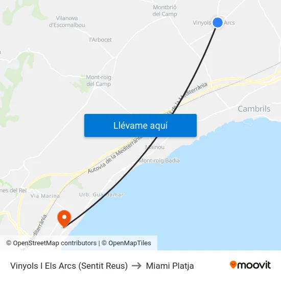 Vinyols I Els Arcs (Sentit Reus) to Miami Platja map