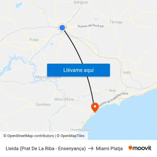 Lleida (Prat De La Riba - Ensenyança) to Miami Platja map
