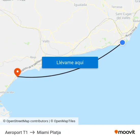 Aeroport T1 to Miami Platja map