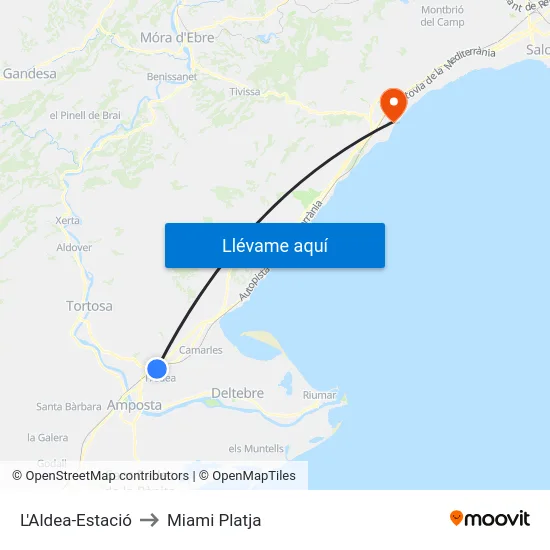 L'Aldea-Estació to Miami Platja map