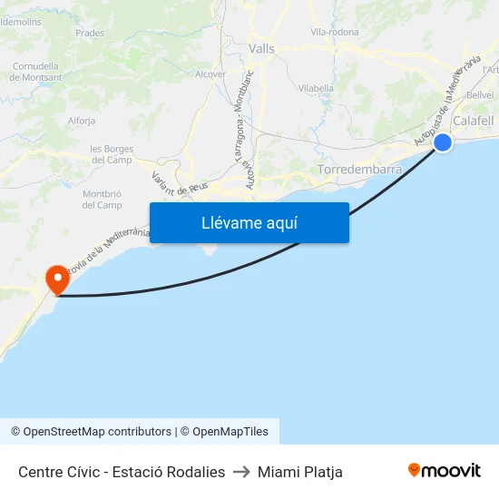Centre Cívic - Estació Rodalies to Miami Platja map