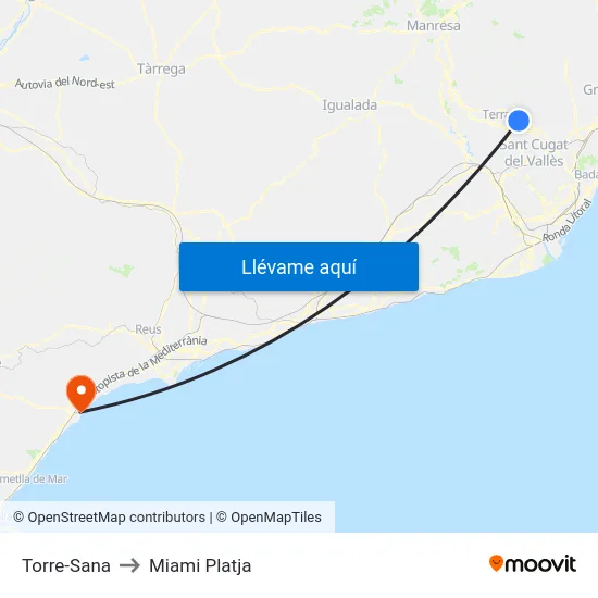 Torre-Sana to Miami Platja map